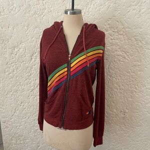 Aviator Nation 5 Stripe Zip Up Hoodie Unisex XS Sweatshirt, Maroon Red